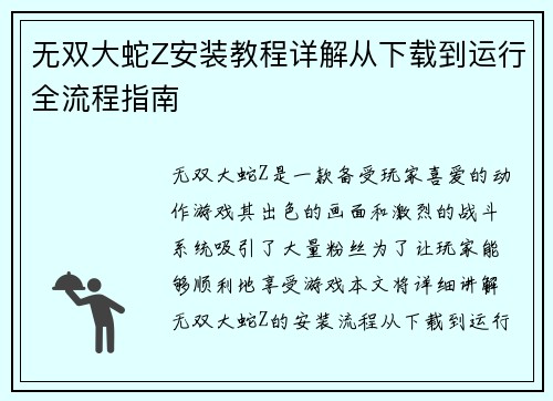 无双大蛇Z安装教程详解从下载到运行全流程指南
